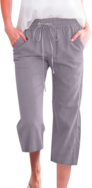 Linen Pants Women Summer Capri Pants Button Up Straight Leg Cropped Pants Elastic Waist Casual Pants Trousers Palazzo