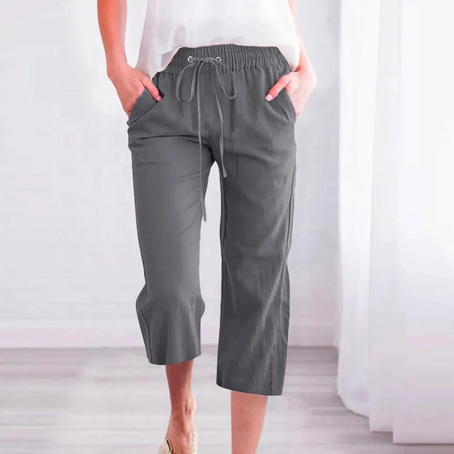 Linen Pants Women Summer Capri Pants Button Up Straight Leg Cropped Pants Elastic Waist Casual Pants Trousers Palazzo