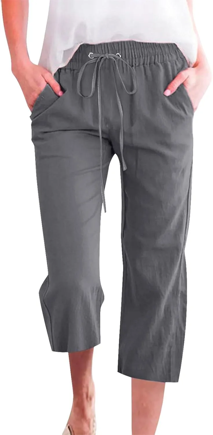 Linen Pants Women Summer Capri Pants Button Up Straight Leg Cropped Pants Elastic Waist Casual Pants Trousers Palazzo