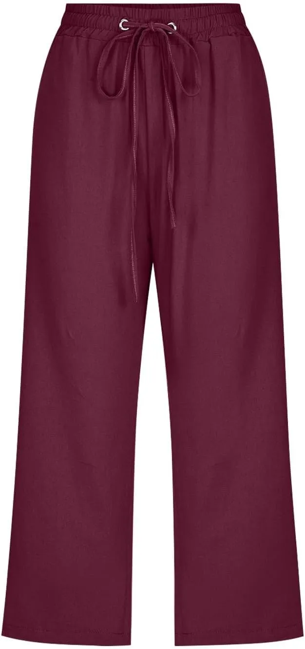 Linen Pants Women Summer Capri Pants Button Up Straight Leg Cropped Pants Elastic Waist Casual Pants Trousers Palazzo
