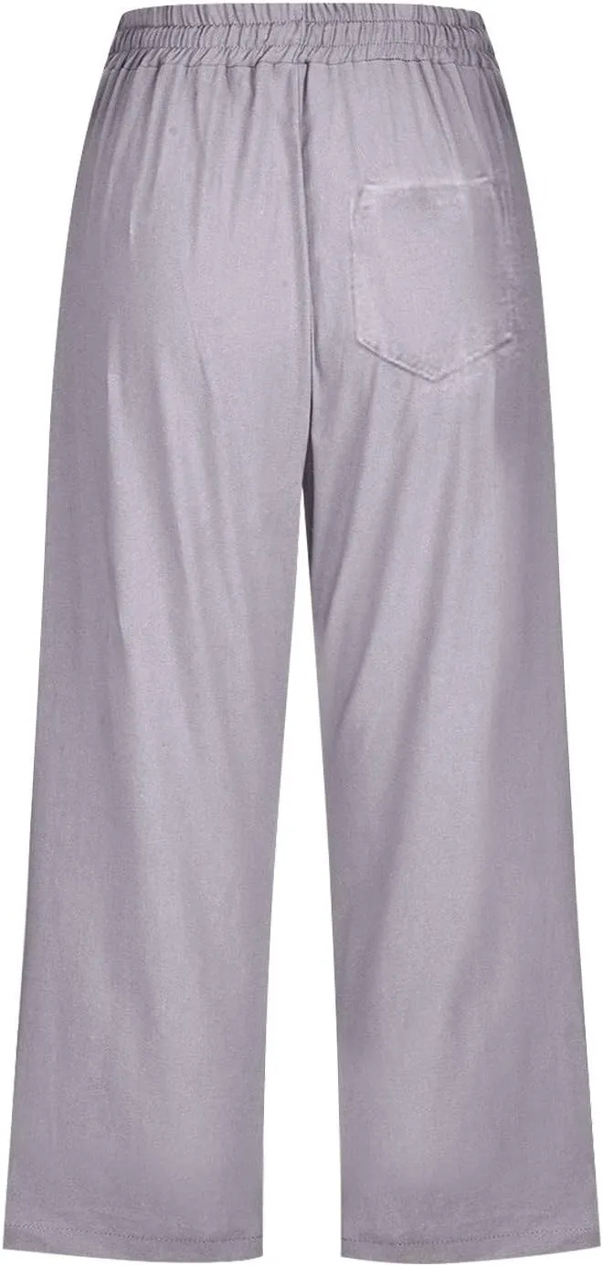 Linen Pants Women Summer Capri Pants Button Up Straight Leg Cropped Pants Elastic Waist Casual Pants Trousers Palazzo