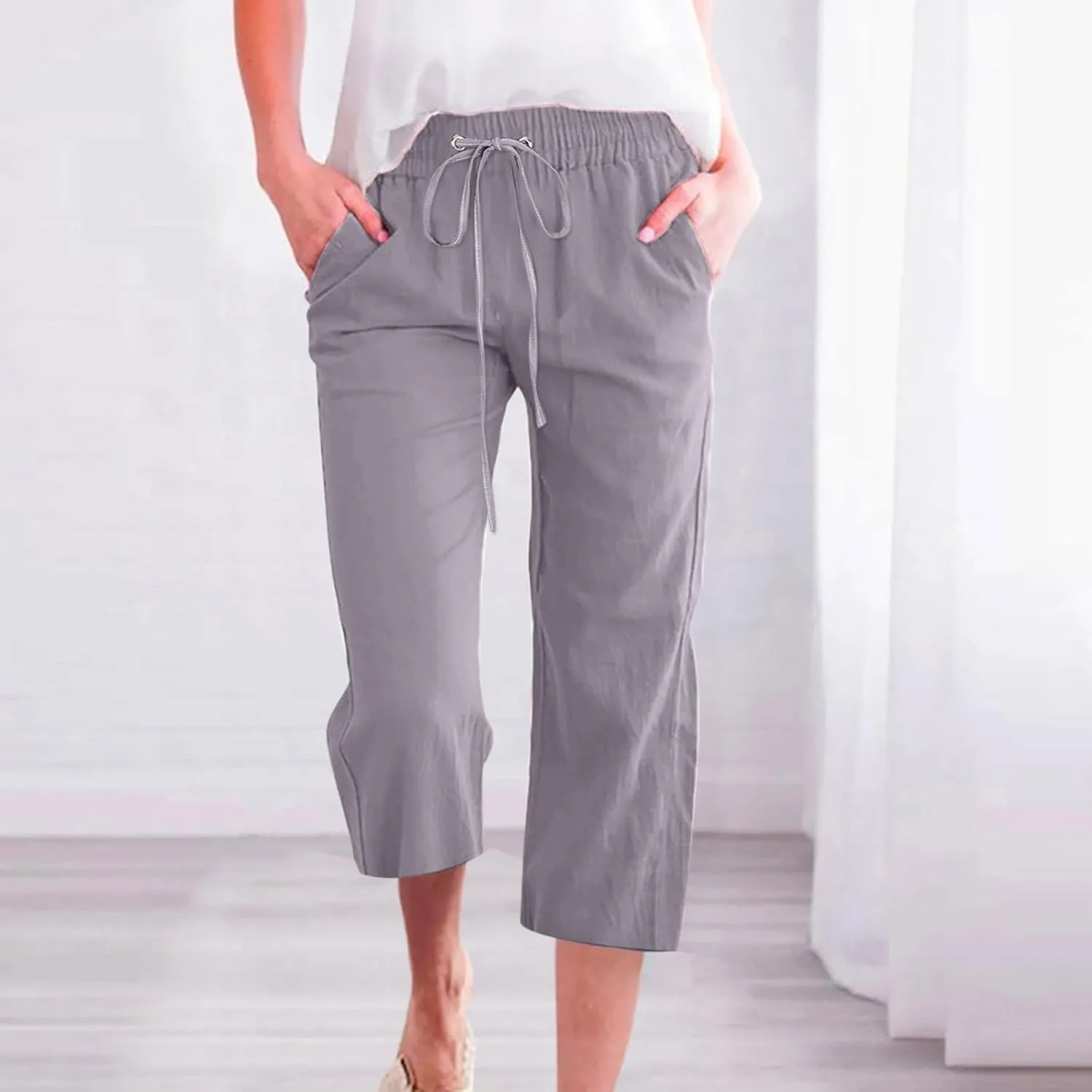 Linen Pants Women Summer Capri Pants Button Up Straight Leg Cropped Pants Elastic Waist Casual Pants Trousers Palazzo