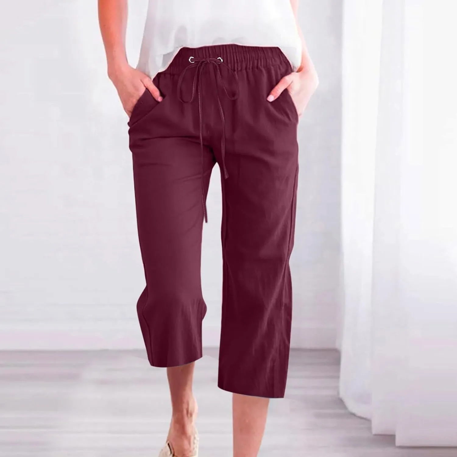 Linen Pants Women Summer Capri Pants Button Up Straight Leg Cropped Pants Elastic Waist Casual Pants Trousers Palazzo