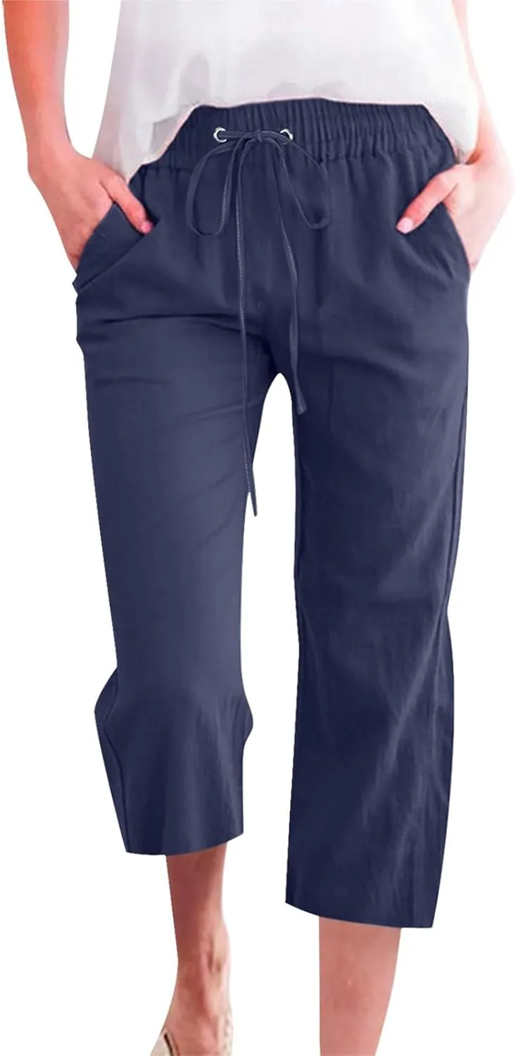 Linen Pants Women Summer Capri Pants Button Up Straight Leg Cropped Pants Elastic Waist Casual Pants Trousers Palazzo