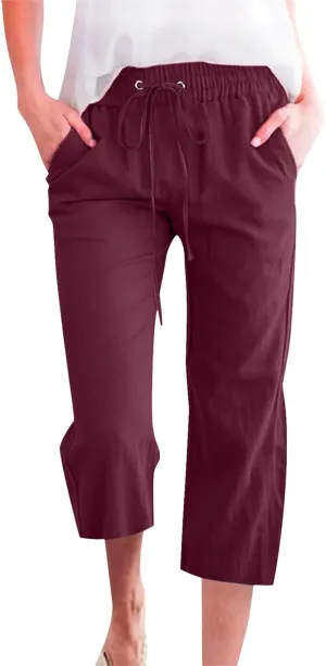Linen Pants Women Summer Capri Pants Button Up Straight Leg Cropped Pants Elastic Waist Casual Pants Trousers Palazzo