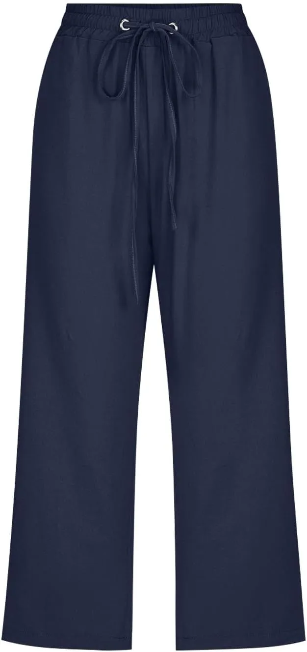 Linen Pants Women Summer Capri Pants Button Up Straight Leg Cropped Pants Elastic Waist Casual Pants Trousers Palazzo