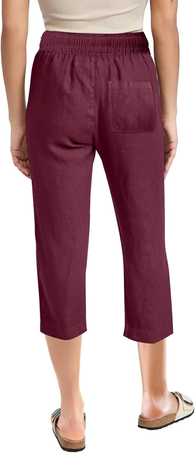 Linen Pants Women Summer Capri Pants Button Up Straight Leg Cropped Pants Elastic Waist Casual Pants Trousers Palazzo