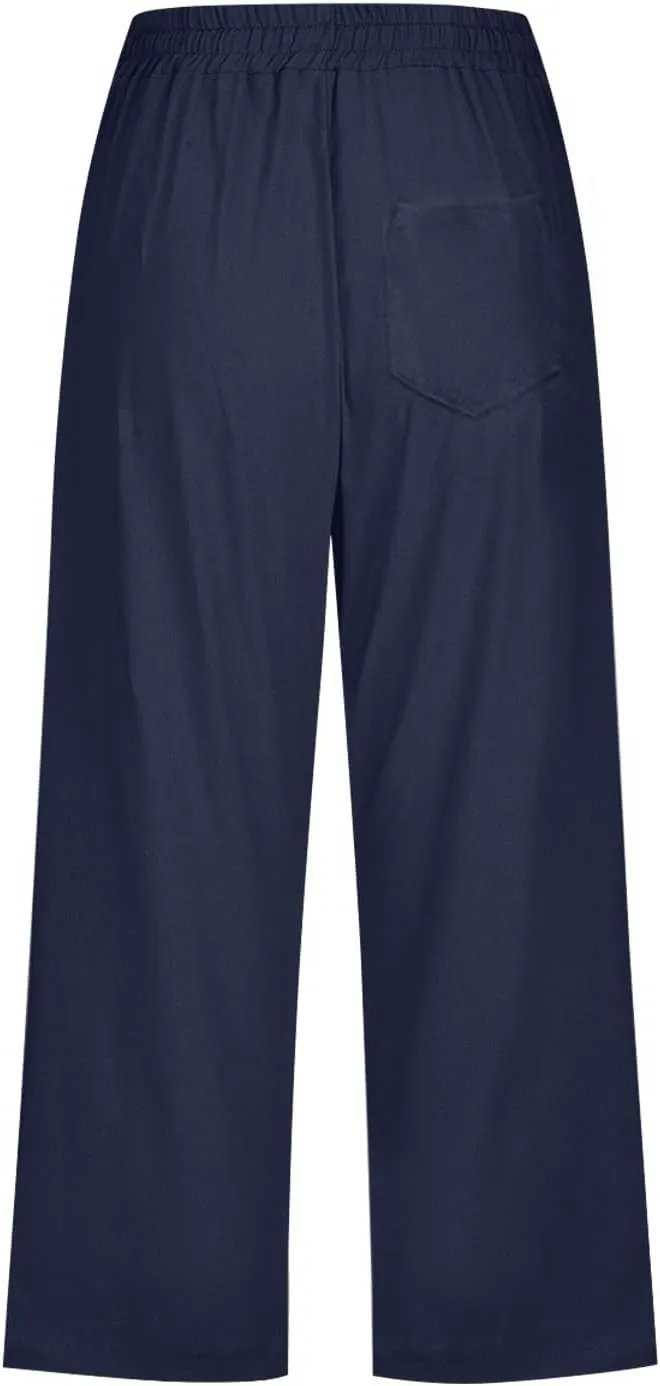 Linen Pants Women Summer Capri Pants Button Up Straight Leg Cropped Pants Elastic Waist Casual Pants Trousers Palazzo