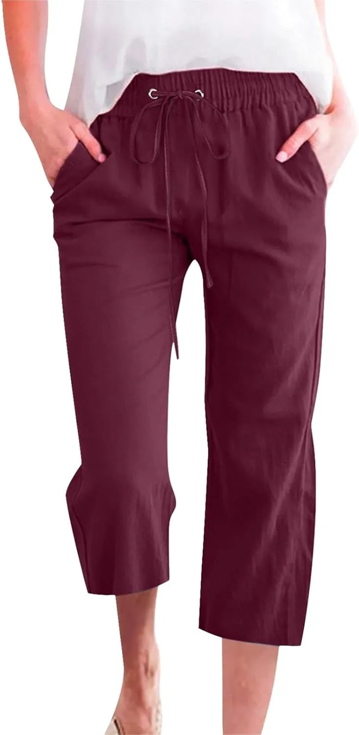 Linen Pants Women Summer Capri Pants Button Up Straight Leg Cropped Pants Elastic Waist Casual Pants Trousers Palazzo