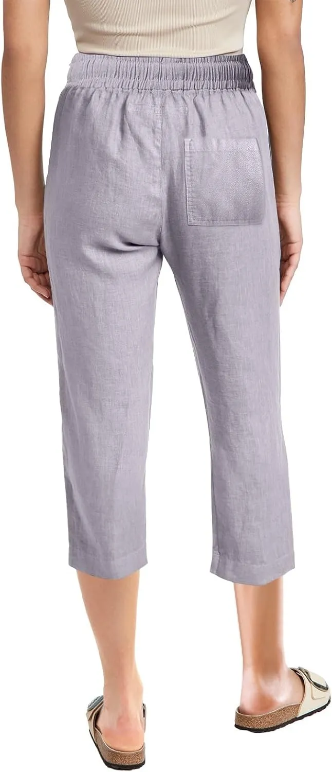 Linen Pants Women Summer Capri Pants Button Up Straight Leg Cropped Pants Elastic Waist Casual Pants Trousers Palazzo
