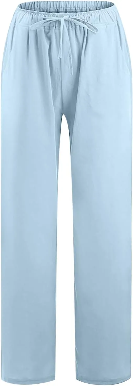 Linen Pants Women Summer Palazzo Pants Flowy Wide Leg Beach Pants with Pockets Drawstring Loose Fit Yoga Pants