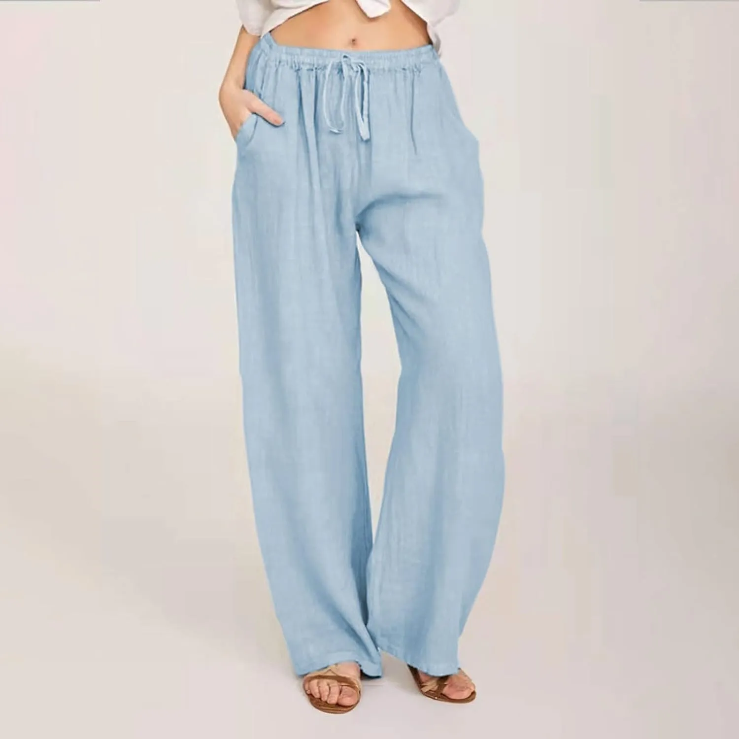 Linen Pants Women Summer Palazzo Pants Flowy Wide Leg Beach Pants with Pockets Drawstring Loose Fit Yoga Pants