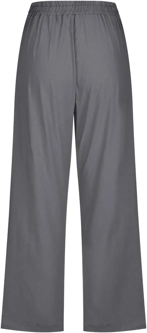 Linen Pants Women Summer Pants Elastic Waist Baggy Pants Drawstring Trousers with Pockets Cropped Pants Women Linen
