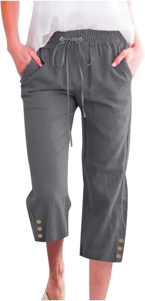 Linen Pants Women Summer Pants Elastic Waist Baggy Pants Drawstring Trousers with Pockets Cropped Pants Women Linen