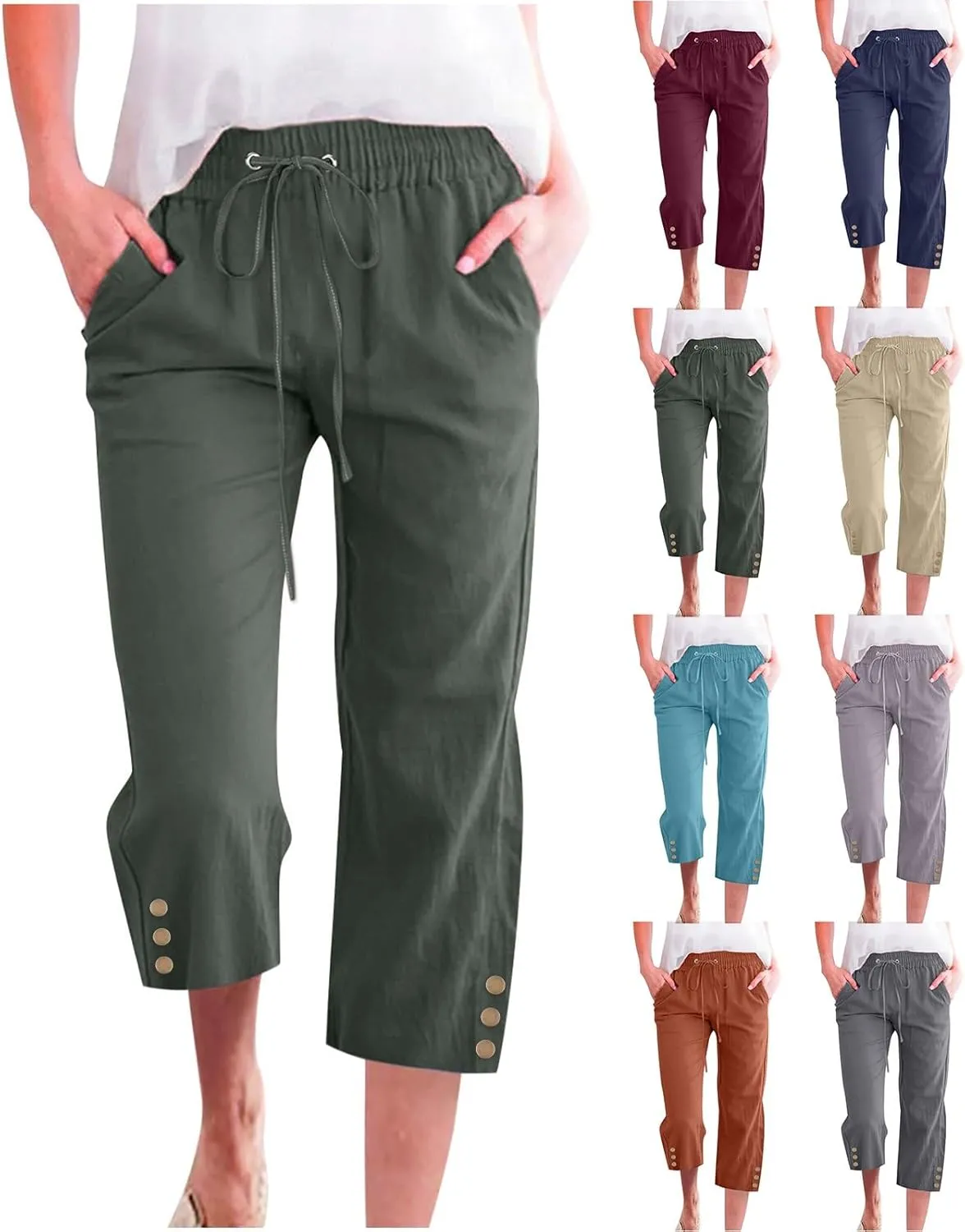 Linen Pants Women Summer Pants Elastic Waist Baggy Pants Drawstring Trousers with Pockets Cropped Pants Women Linen