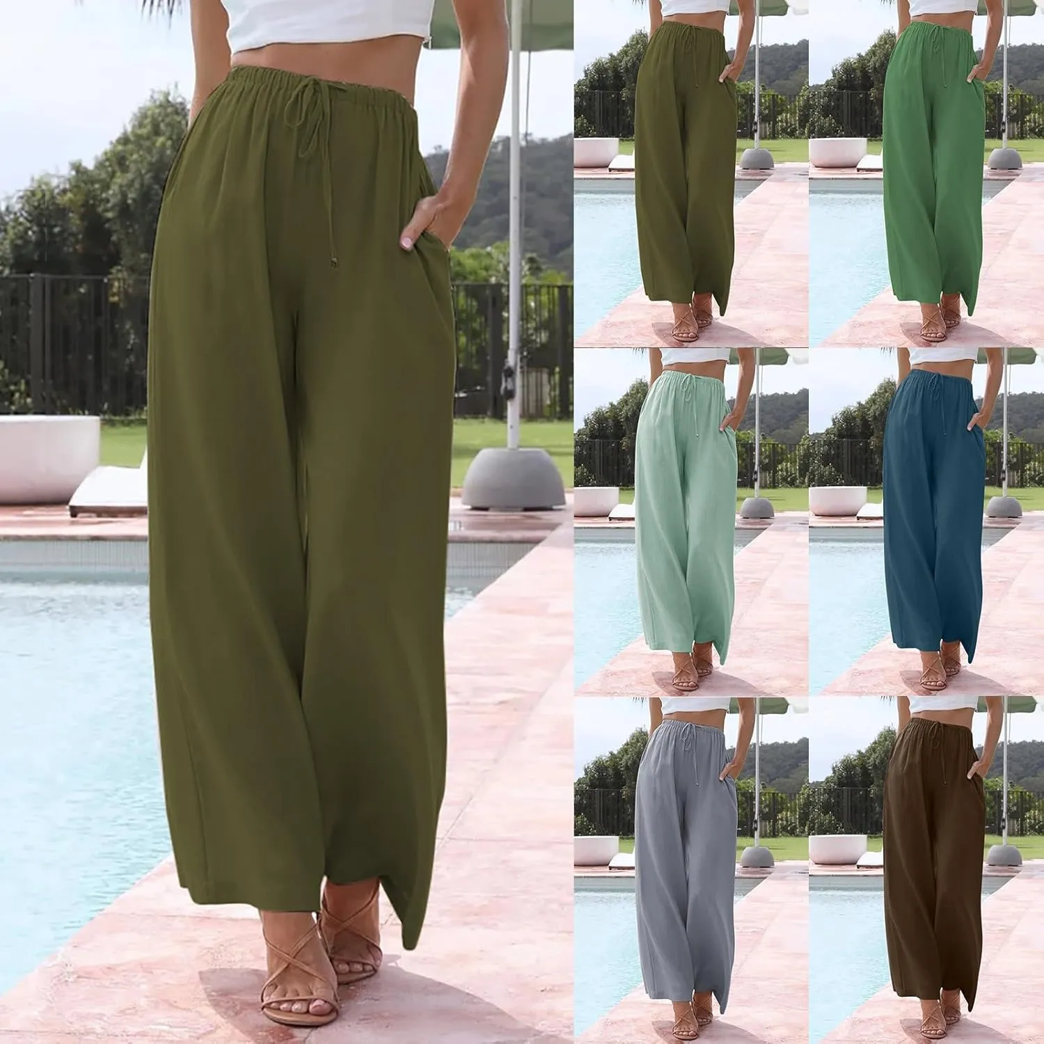 Linen Pants Women Summer Stitching String Solid Color Pants High Waisted Pants for Women Joggers Solid Lace-up Waist