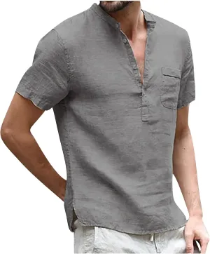 Linen Shirts Men Summer Henley Shirt with Pockets Button Up Hippie Casual Beach T Shirts Lightweight Tunic Tops