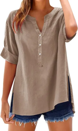 Linen Tops for Women 2025 Summer Button Down V Neck Shirts Casual Short Sleeve Loose T-Shirt Cotton Linen Blouse Tees