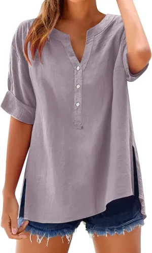 Linen Tops for Women 2025 Summer Button Down V Neck Shirts Casual Short Sleeve Loose T-Shirt Cotton Linen Blouse Tees