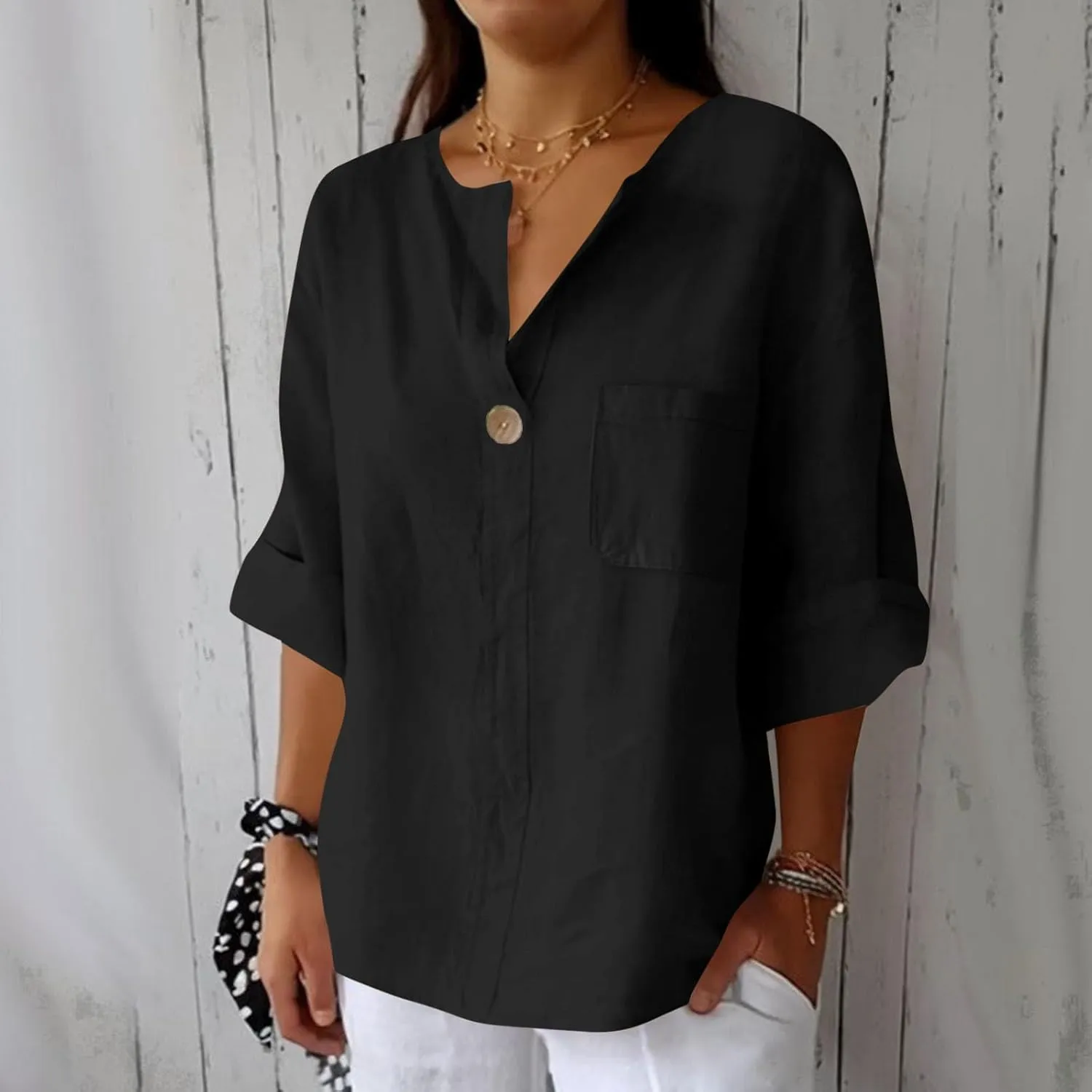 Linen Tops for Women 2025 Summer Trendy 3/4 Sleeve Cotton Linen Shirt Casual Button V Neck Tunic Blouses Plus Size