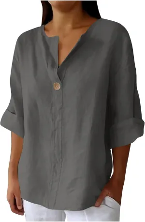 Linen Tops for Women 2025 Summer Trendy 3/4 Sleeve Cotton Linen Shirt Casual Button V Neck Tunic Blouses Plus Size