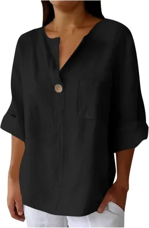 Linen Tops for Women 2025 Summer Trendy 3/4 Sleeve Cotton Linen Shirt Casual Button V Neck Tunic Blouses Plus Size