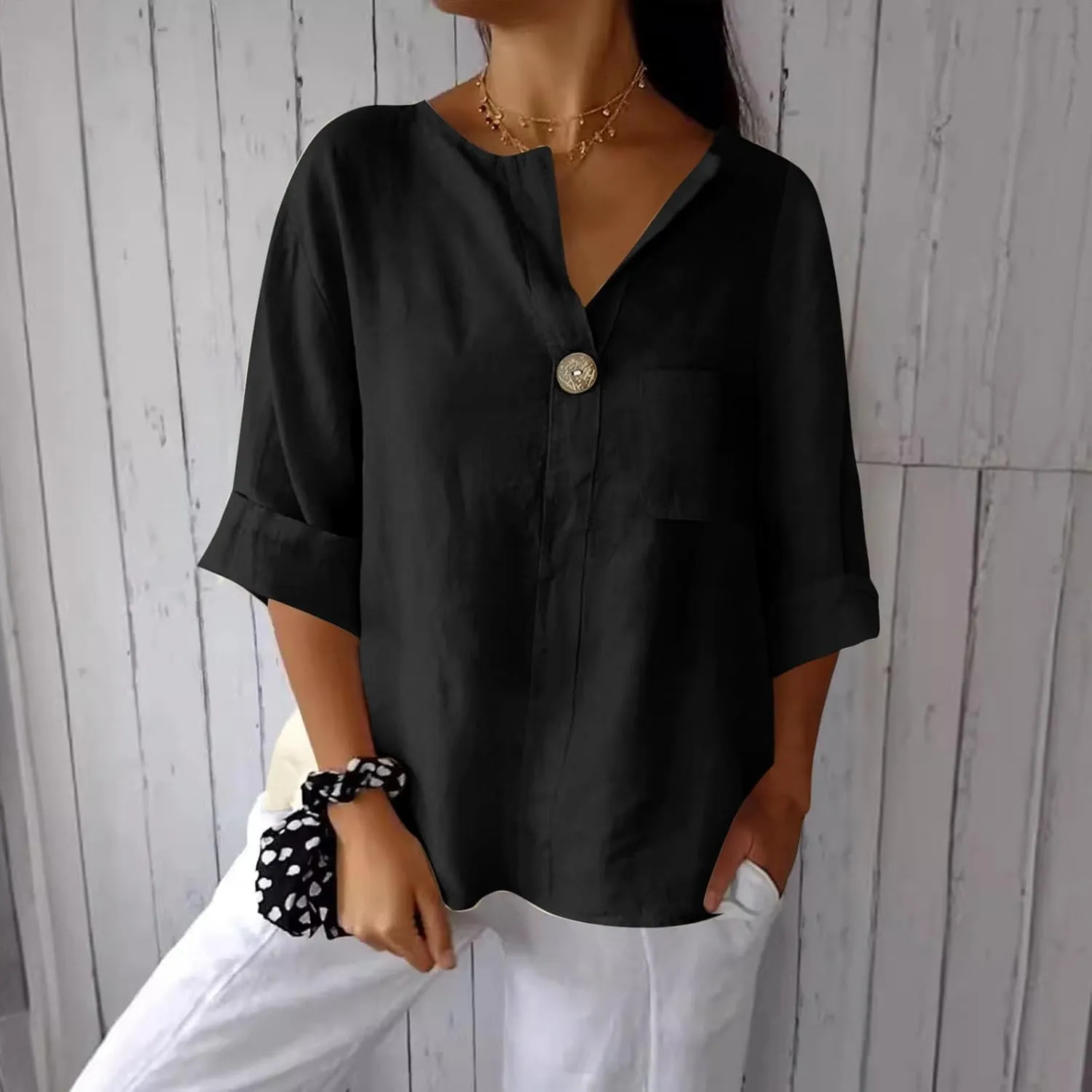 Linen Tops for Women 2025 Summer Trendy 3/4 Sleeve Cotton Linen Shirt Casual Button V Neck Tunic Blouses Plus Size