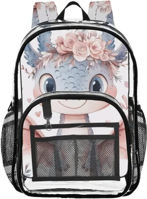 Little Dragon Watercolor Floral Clear Backpack with Back Print, Heavy Duty See Through Backpacks PVC Transparent Daypack for Travel Security