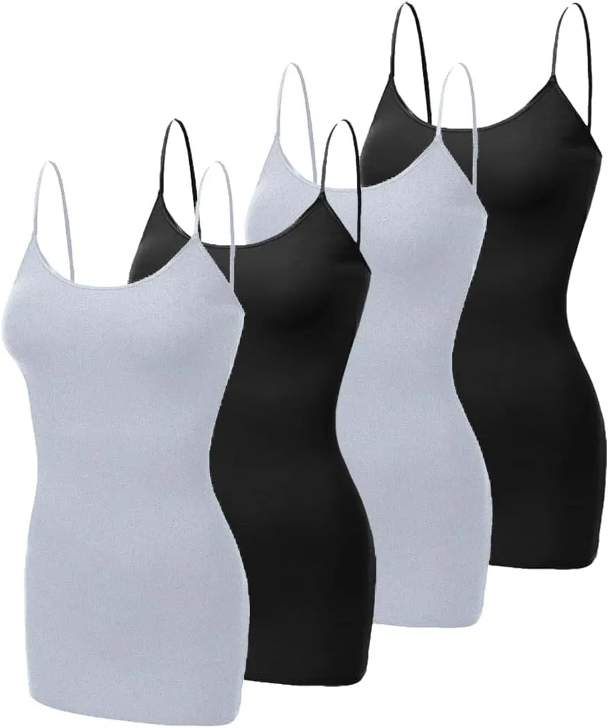 Long Camisole Tank Tops for Women - Undershirts Cami with Adjustable Spaghetti Strap 4 Pack (S-3XL)