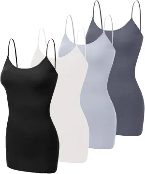 Long Camisole Tank Tops for Women - Undershirts Cami with Adjustable Spaghetti Strap 4 Pack (S-3XL)