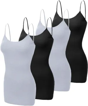 Long Camisole Tank Tops for Women - Undershirts Cami with Adjustable Spaghetti Strap 4 Pack (S-3XL)