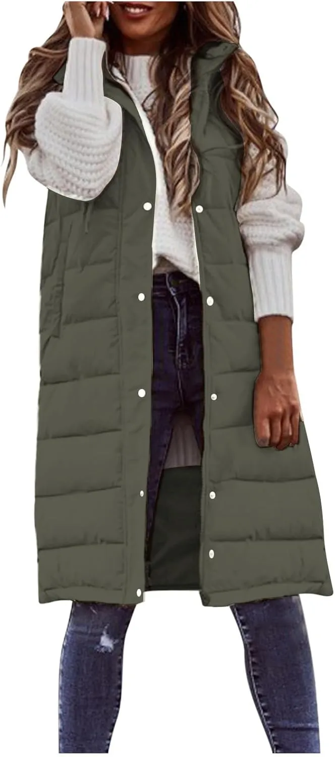 Long Down Vest for Women Sleveless Lightweight Button Down Hooded Puffer Jacket Winter Warm Padded Coat with Pockets