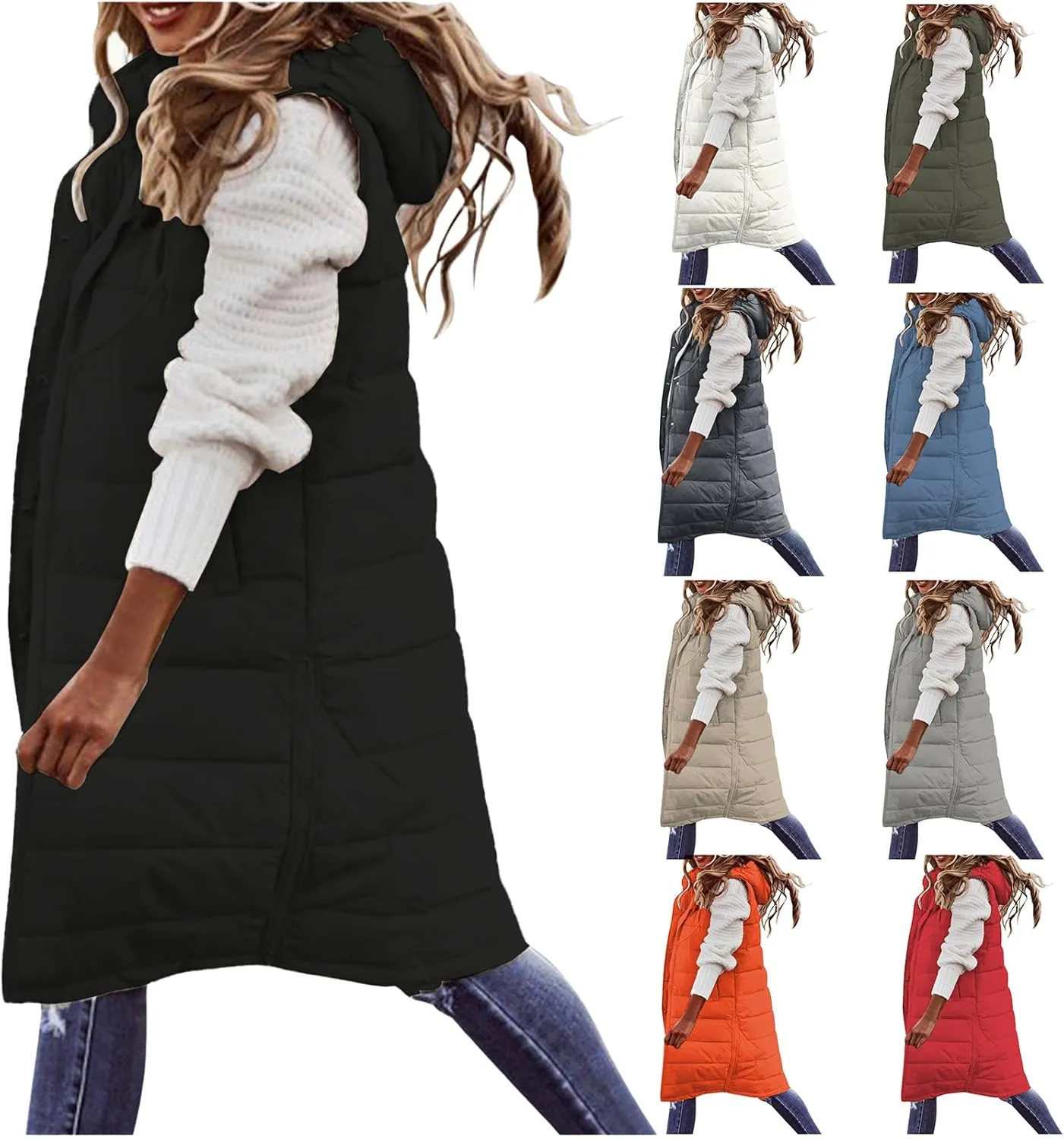 Long Down Vest for Women Sleveless Lightweight Button Down Hooded Puffer Jacket Winter Warm Padded Coat with Pockets