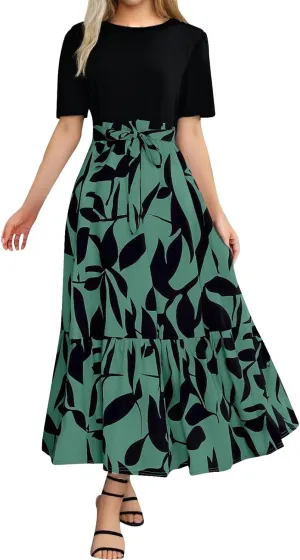 Long Floral Dresses for Women Summer Dresses 2025 Boho Tie Belted Patchwork Empire Waist Short Sleeve Flowy Maxi Dress