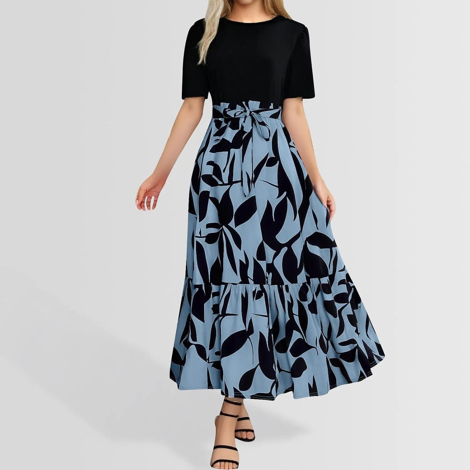 Long Floral Dresses for Women Summer Dresses 2025 Boho Tie Belted Patchwork Empire Waist Short Sleeve Flowy Maxi Dress