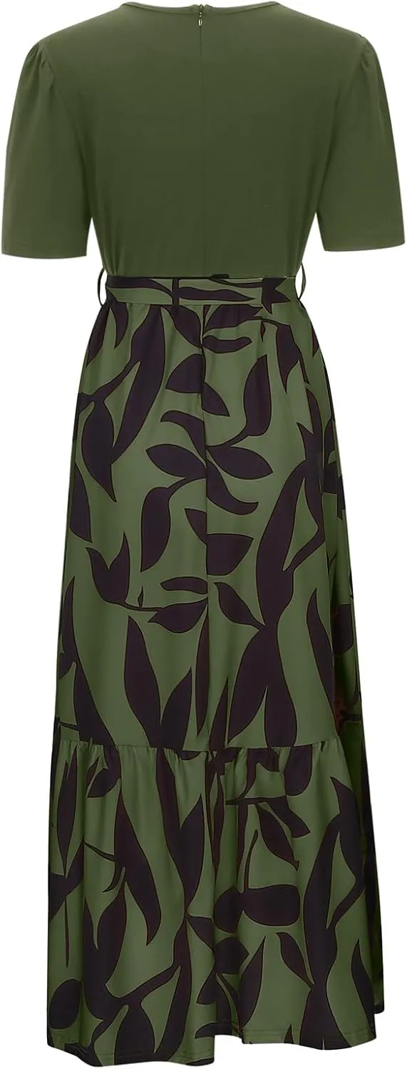 Long Floral Dresses for Women Summer Dresses 2025 Boho Tie Belted Patchwork Empire Waist Short Sleeve Flowy Maxi Dress