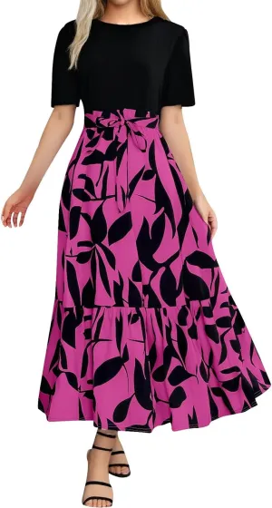 Long Floral Dresses for Women Summer Dresses 2025 Boho Tie Belted Patchwork Empire Waist Short Sleeve Flowy Maxi Dress
