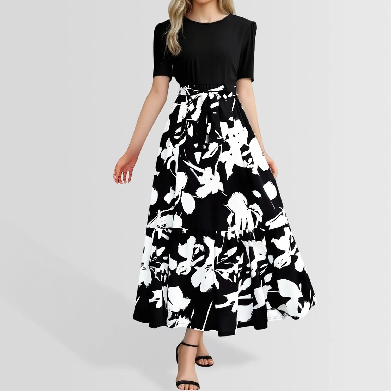 Long Floral Dresses for Women Summer Dresses 2025 Boho Tie Belted Patchwork Empire Waist Short Sleeve Flowy Maxi Dress