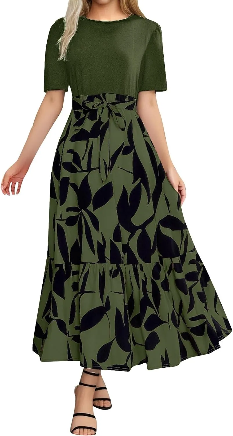 Long Floral Dresses for Women Summer Dresses 2025 Boho Tie Belted Patchwork Empire Waist Short Sleeve Flowy Maxi Dress