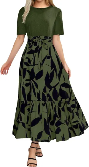 Long Floral Dresses for Women Summer Dresses 2025 Boho Tie Belted Patchwork Empire Waist Short Sleeve Flowy Maxi Dress