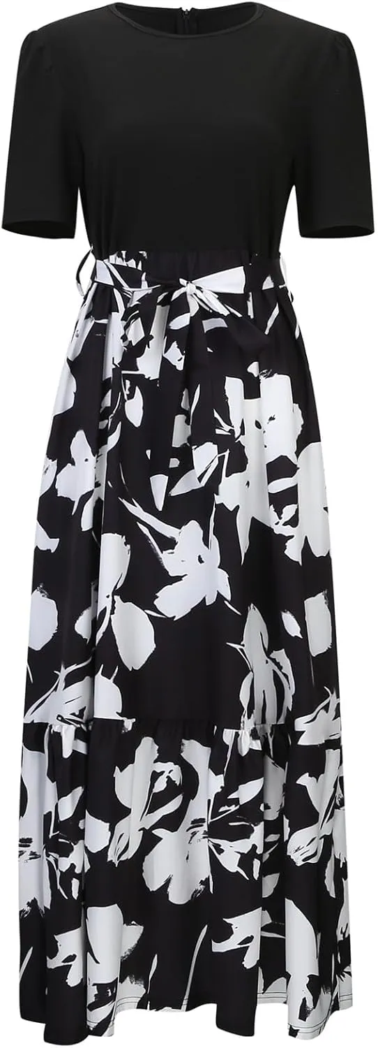 Long Floral Dresses for Women Summer Dresses 2025 Boho Tie Belted Patchwork Empire Waist Short Sleeve Flowy Maxi Dress