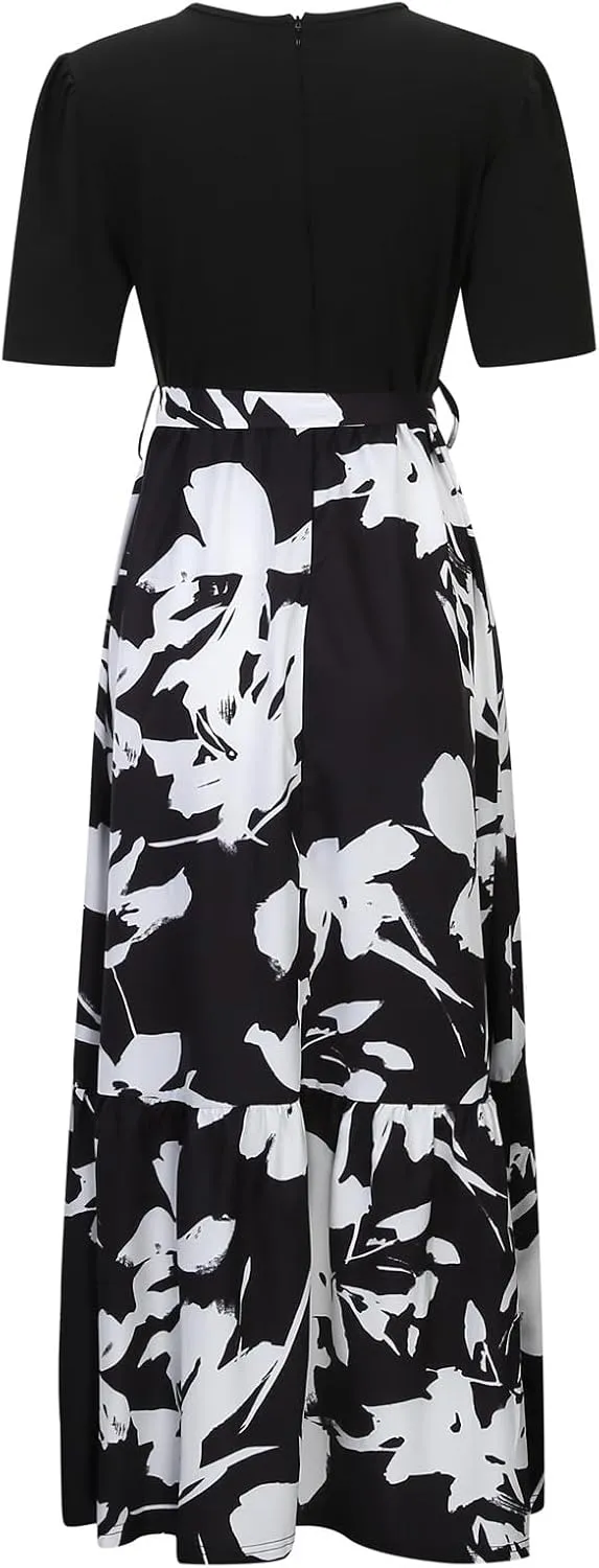 Long Floral Dresses for Women Summer Dresses 2025 Boho Tie Belted Patchwork Empire Waist Short Sleeve Flowy Maxi Dress