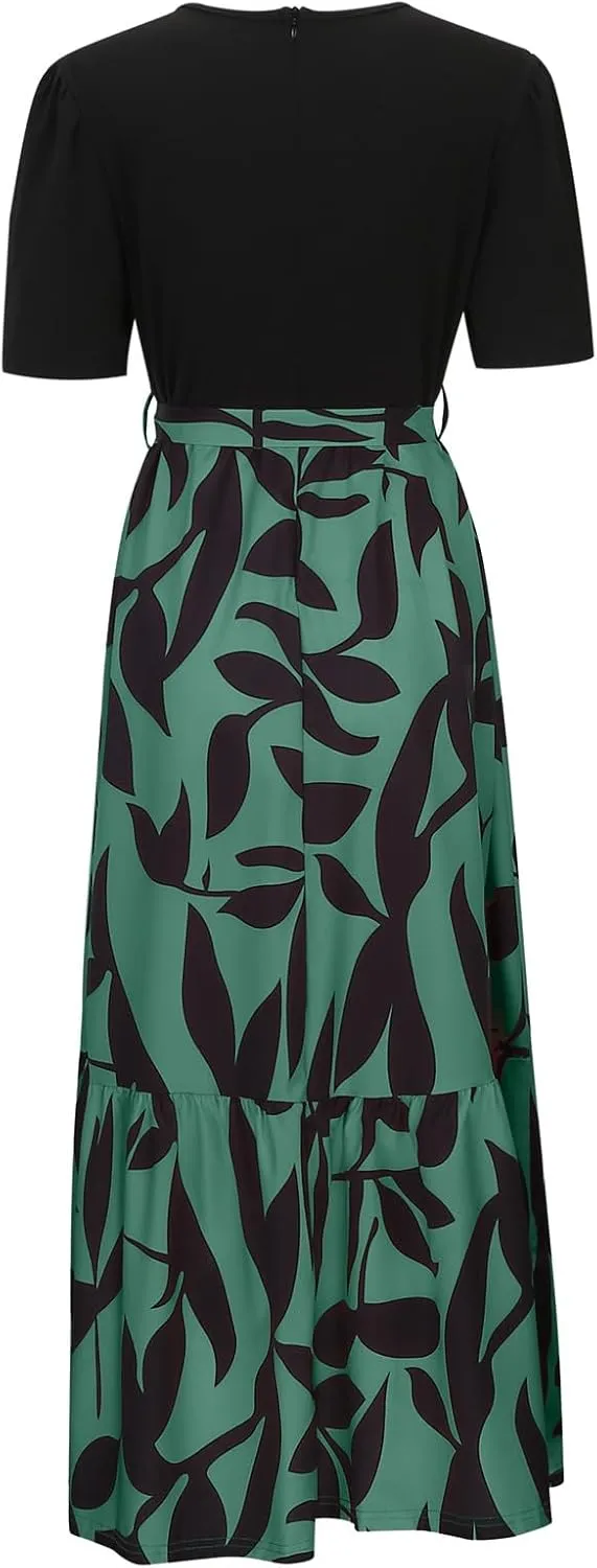 Long Floral Dresses for Women Summer Dresses 2025 Boho Tie Belted Patchwork Empire Waist Short Sleeve Flowy Maxi Dress