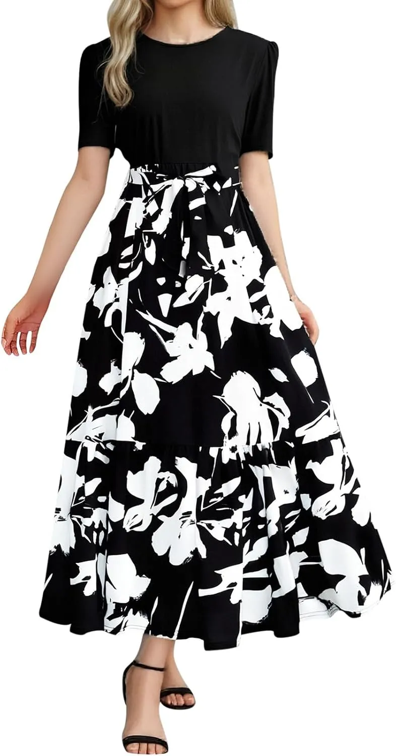 Long Floral Dresses for Women Summer Dresses 2025 Boho Tie Belted Patchwork Empire Waist Short Sleeve Flowy Maxi Dress