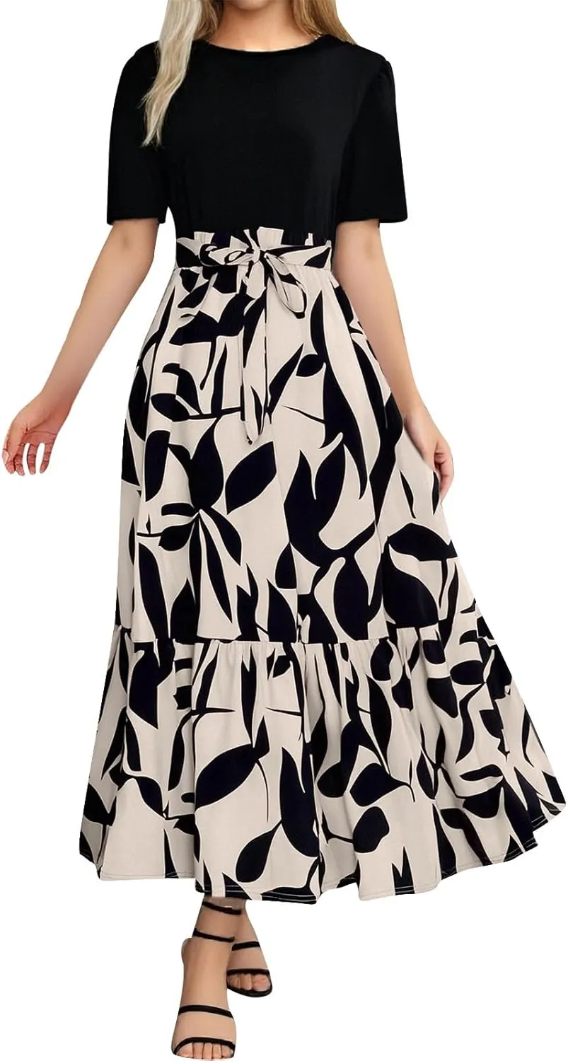 Long Floral Dresses for Women Summer Dresses 2025 Boho Tie Belted Patchwork Empire Waist Short Sleeve Flowy Maxi Dress