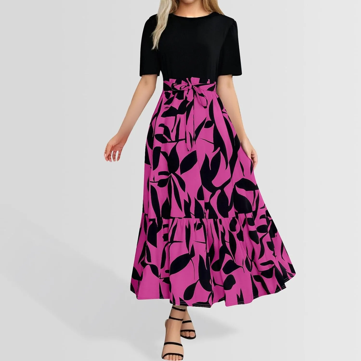 Long Floral Dresses for Women Summer Dresses 2025 Boho Tie Belted Patchwork Empire Waist Short Sleeve Flowy Maxi Dress