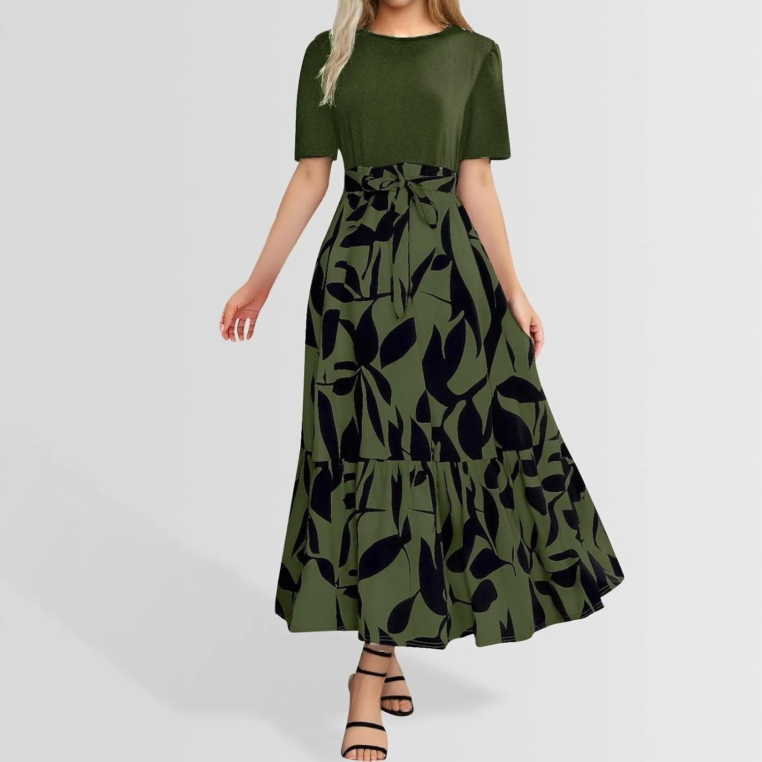 Long Floral Dresses for Women Summer Dresses 2025 Boho Tie Belted Patchwork Empire Waist Short Sleeve Flowy Maxi Dress