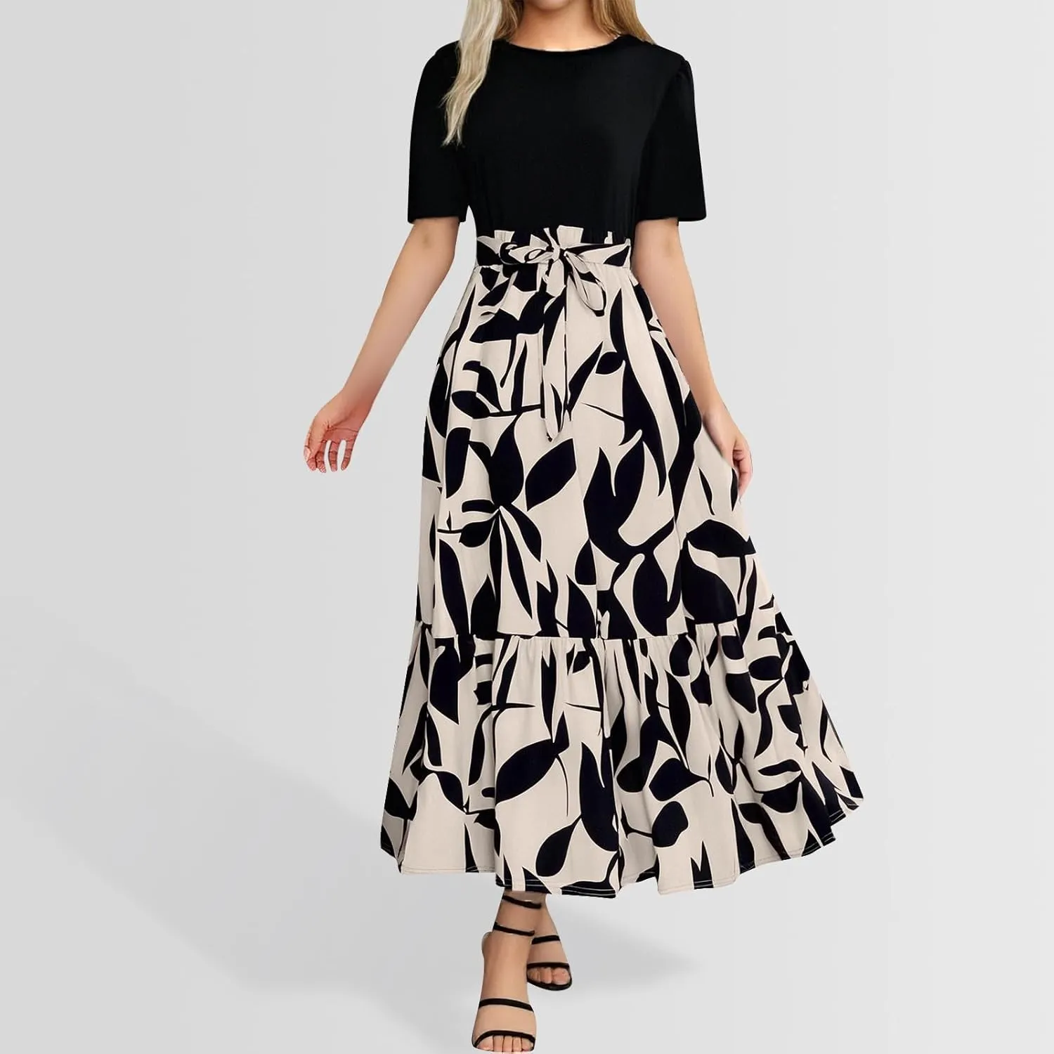 Long Floral Dresses for Women Summer Dresses 2025 Boho Tie Belted Patchwork Empire Waist Short Sleeve Flowy Maxi Dress