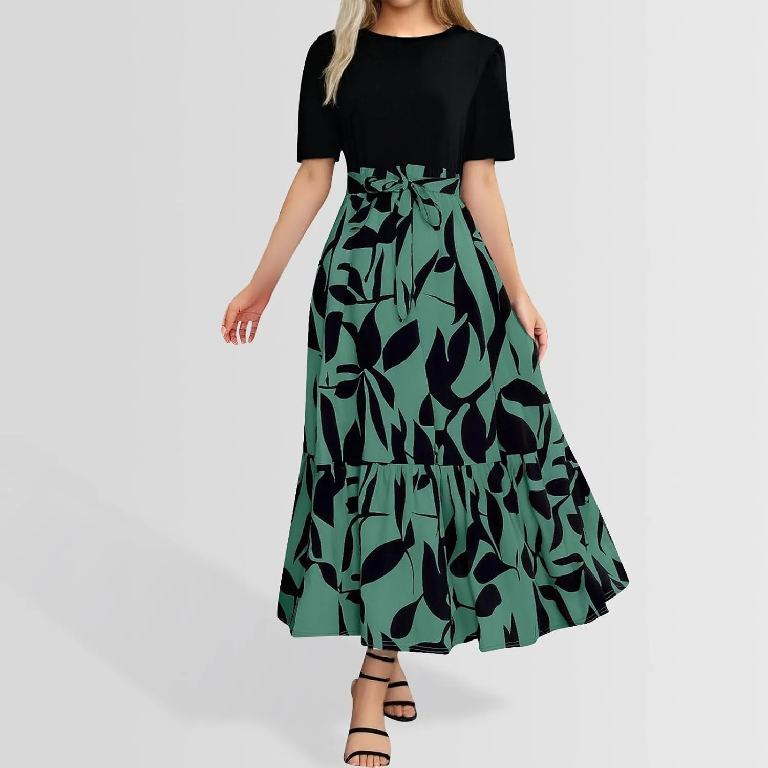 Long Floral Dresses for Women Summer Dresses 2025 Boho Tie Belted Patchwork Empire Waist Short Sleeve Flowy Maxi Dress