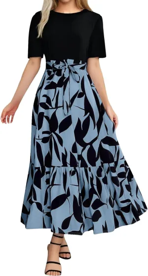 Long Floral Dresses for Women Summer Dresses 2025 Boho Tie Belted Patchwork Empire Waist Short Sleeve Flowy Maxi Dress